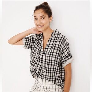 Madewell White and Black Plaid Collared Top with Back Buttons